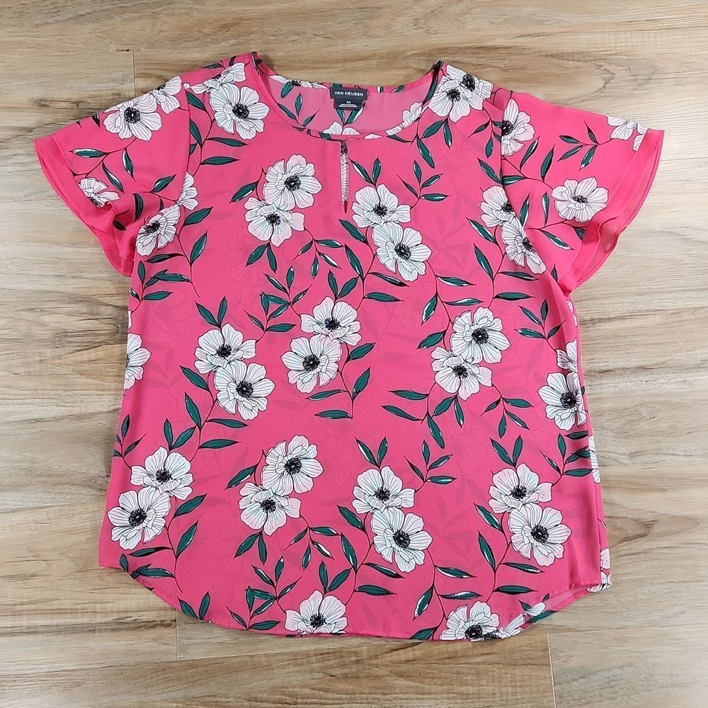 🔺️Van Heusen Pink & White Floral Short Flutter Sleeve Top Medium